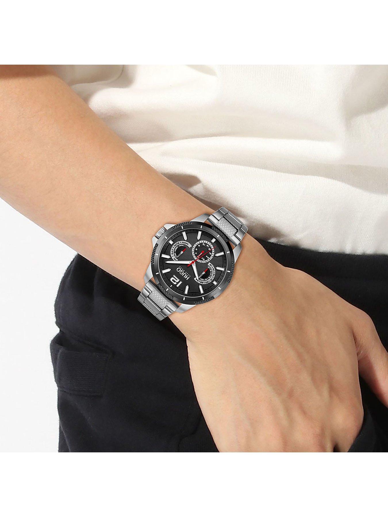  image of hugo-sport-black-dial-and-stainless-steel-bracelet-gents-watch