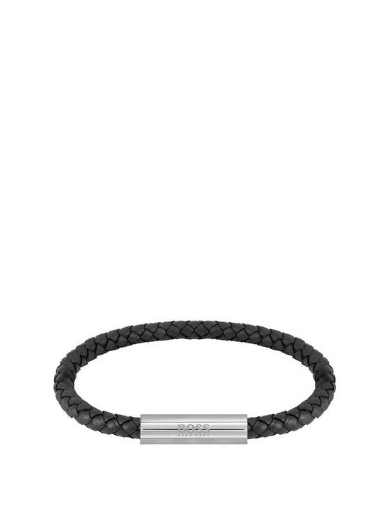 front image of boss-braided-blacknbspleather-and-stainless-steel-gents-bracelet