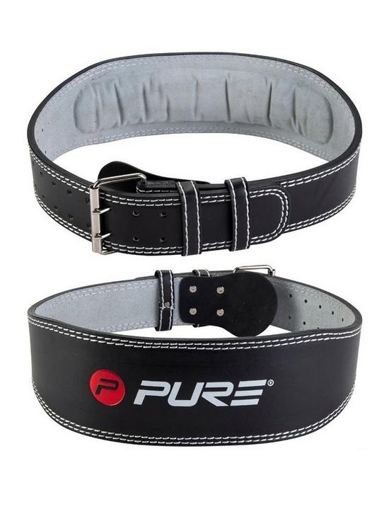 front image of pure2improve-deluxe-padded-leather-and-suede-weightlifting-belt-small