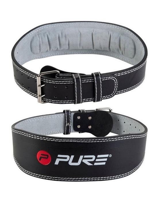front image of pure2improve-deluxe-padded-leather-and-suede-weight-lifting-belt-medium