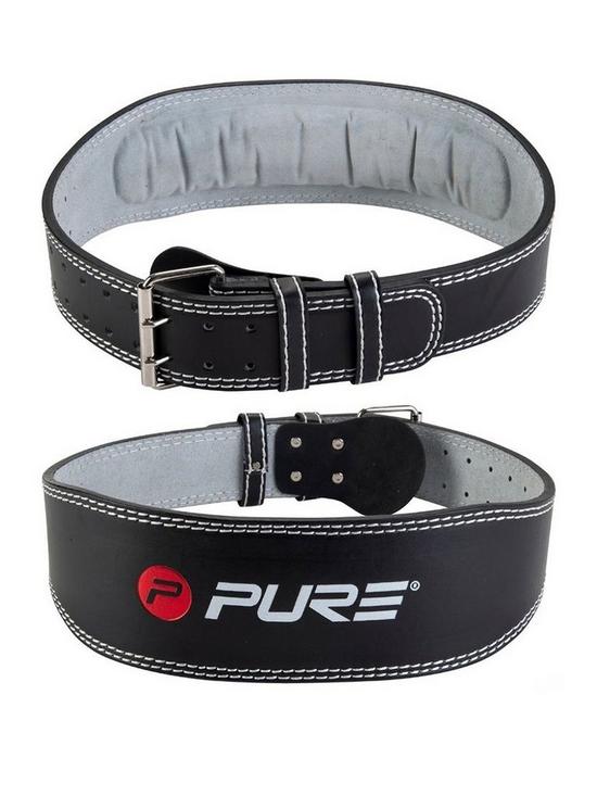 front image of pure2improve-deluxe-padded-leather-and-suede-weightlifting-belt-large