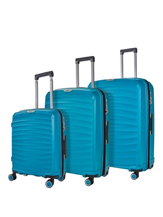 front image of rock-luggage-sunwave-8-wheel-suitcases-3-piece-set-blue