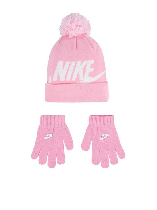 front image of nike-younger-nan-swoosh-pom-beanie-glovenbspset