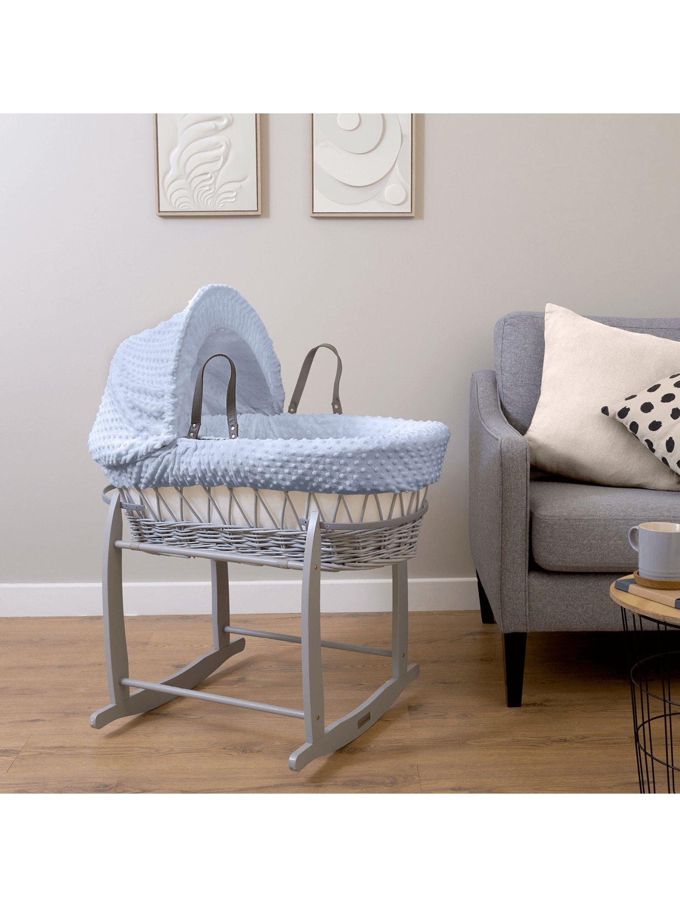 Clair De Lune Dimple Grey Wicker Moses Basket  &  Deluxe Rocking Stand - Blue
