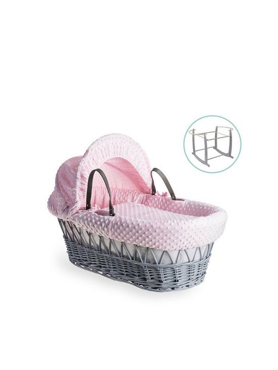 front image of clair-de-lune-dimple-grey-wicker-basket-with-grey-deluxe-stand-pink