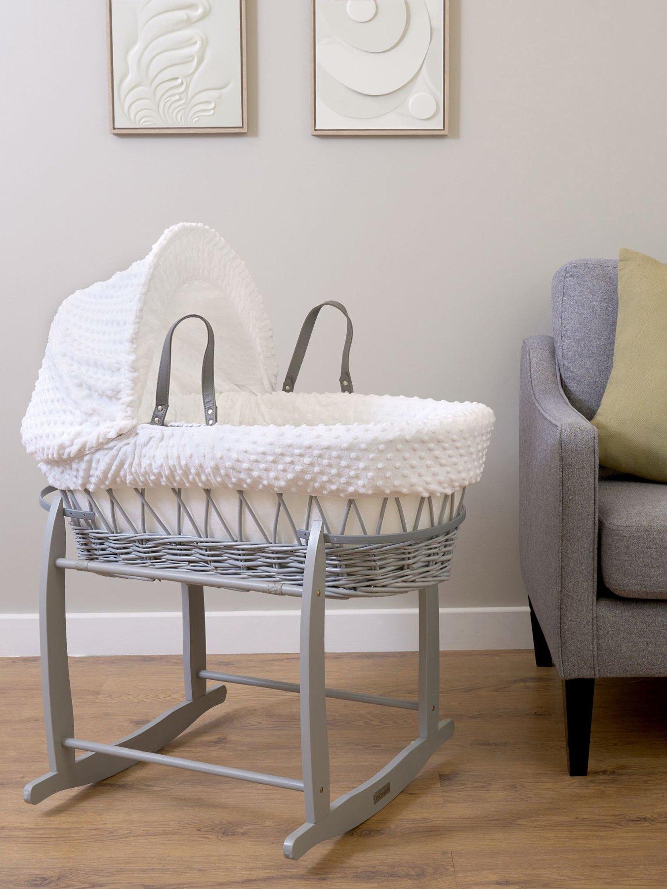 Clair De Lune Dimple Grey Wicker Moses Basket  &  Deluxe Rocking Stand - White