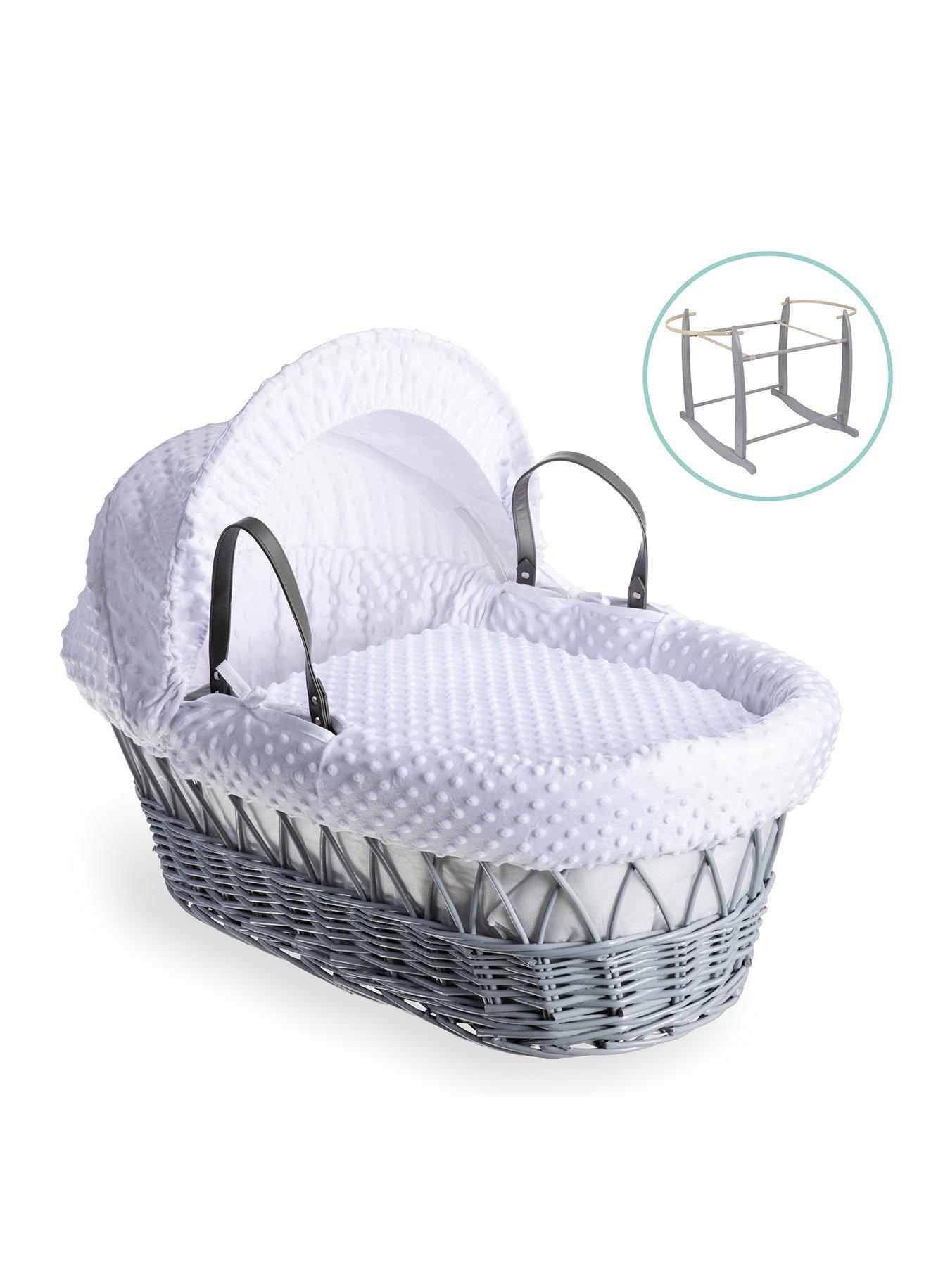  image of clair-de-lune-dimple-grey-wicker-moses-basket-amp-deluxe-rocking-stand-white