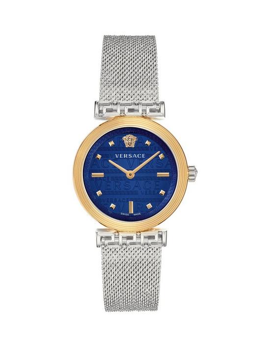 front image of versace-greca-motiv-ladies-blue-dial-stainless-steel-bracelet-watch