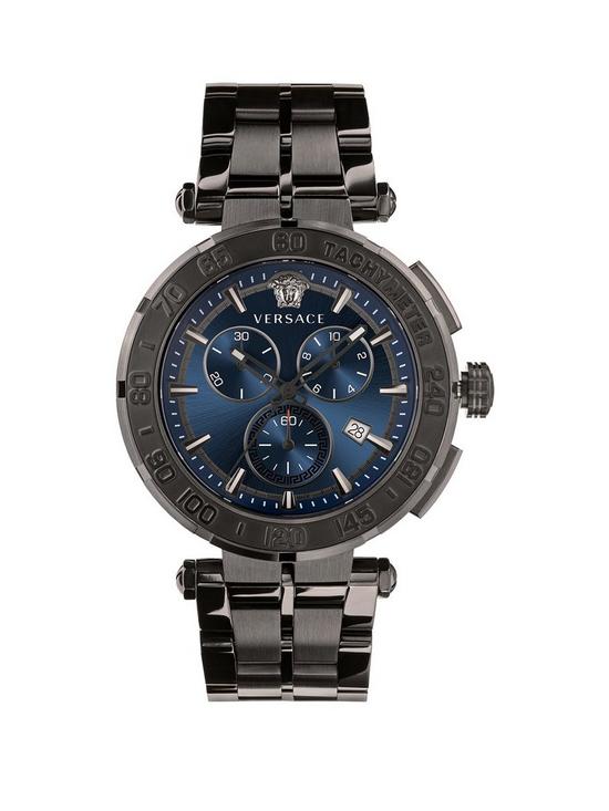 front image of versace-greca-chrono-45-mm-mens-blue-dial-ip-bracelet-watch
