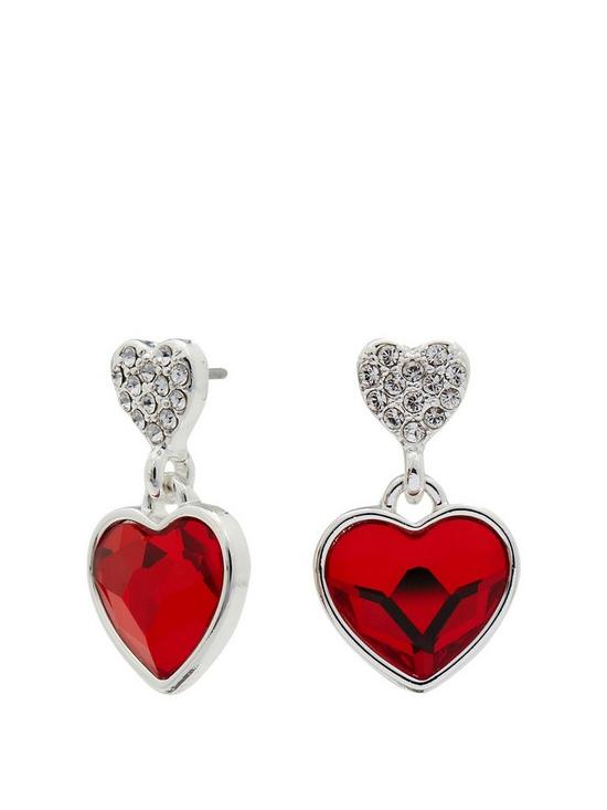 front image of jon-richard-silver-plated-crystal-red-dancing-heart-drop-earrings