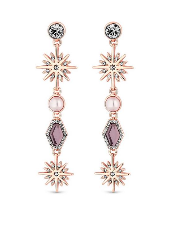 front image of mood-rose-gold-pink-crystal-celestial-long-drop-earring