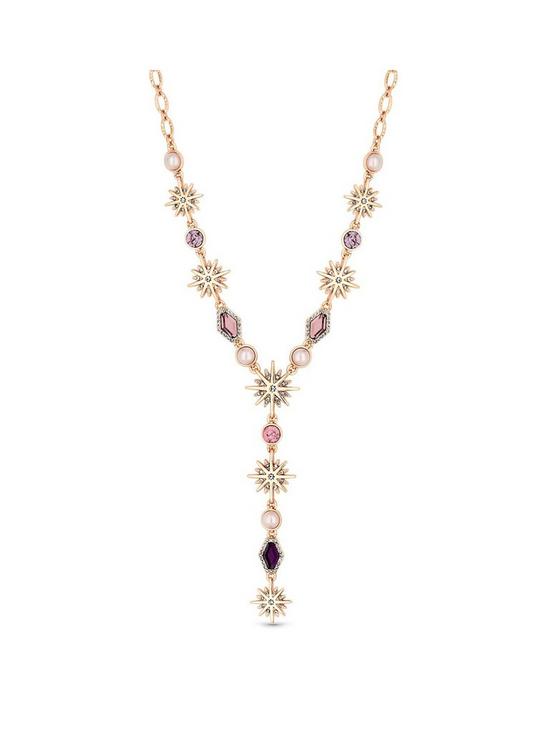 front image of mood-rose-gold-plated-pink-crystal-celestial-y-drop-necklace