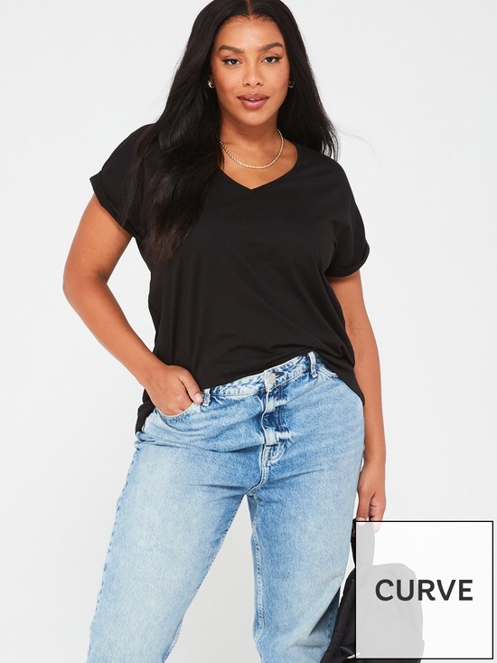 front image of v-by-very-curve-v-neck-turn-back-cuff-t-shirt-black