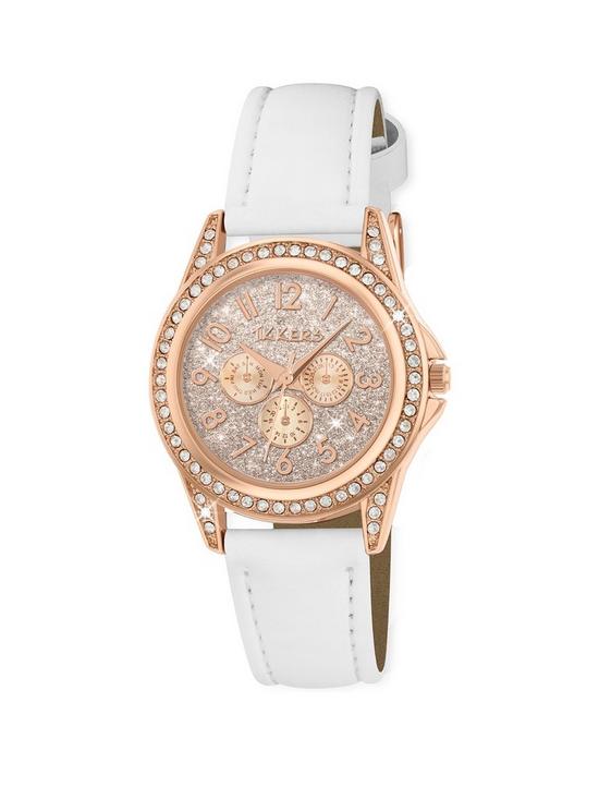 front image of tikkers-rose-sparkly-dial-white-strap-kids-watch