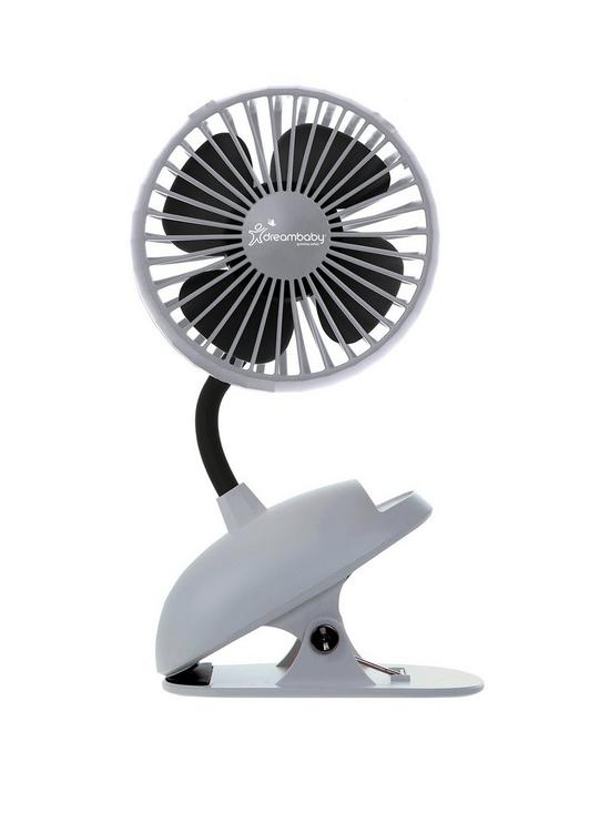 front image of dreambaby-usb-rechargeable-clip-on-caged-fan-grey