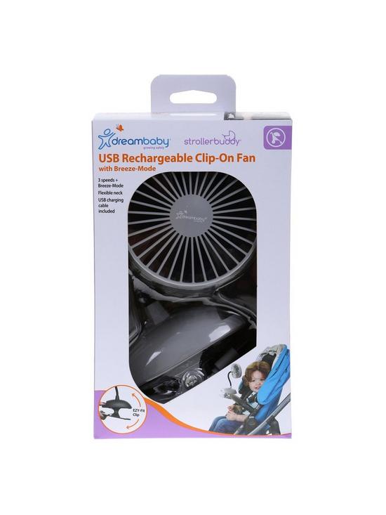stillFront image of dreambaby-usb-rechargeable-clip-on-caged-fan-grey