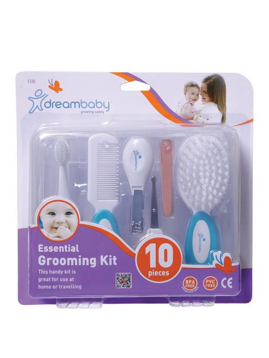 front image of dreambaby-essentials-deluxe-ergo-handle-10pc-grooming-kit-in-clear-hard-case-aqua