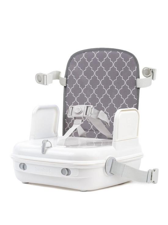 front image of benbat-yummigo-boosterfeeding-seat-with-storage-compartments-greywhite
