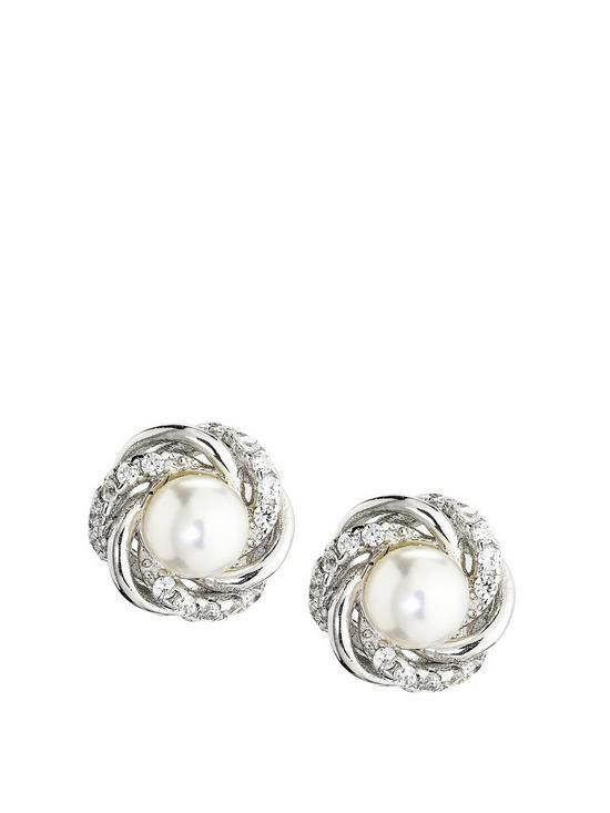 front image of love-pearl-rhodium-plated-4-45mm-white-freshwater-pearl-cubic-zirconia-flower-studs