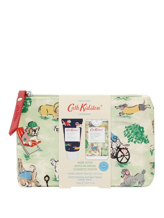 front image of cath-kidston-park-dogs-apple-blossom-cosmetic-pouch-with-5ml-moisturising-antibacterial-hand-spray-and-30ml-hand-cream