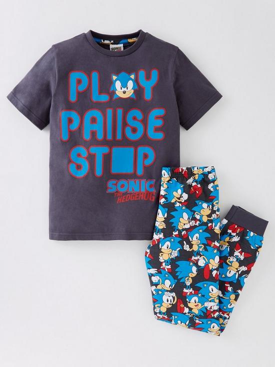front image of sonic-the-hedgehog-boys-sonic-play-pause-stop-short-sleeve-pyjamas-multinbsp