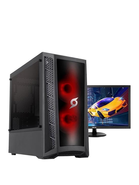 front image of stormforce-onyxnbspdesktop-pc--nbspintel-core-i3-10100f-gtx-1650-graphics-8gb-ram-120gb-ssd-with-24-inchnbspmonitor-keyboard-amp-mouse