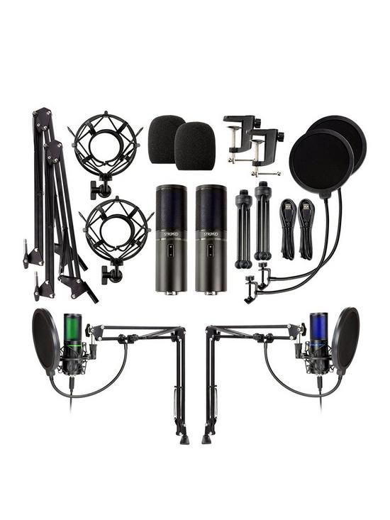 front image of strmd-usb-podcast-super-kit-two-usb-cardioid-microphones-shock-mounts-scissor-stands-amp-pop-filters