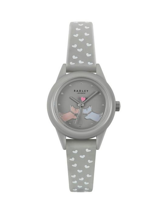 front image of radley-grey-dog-dial-heart-print-strap-watch