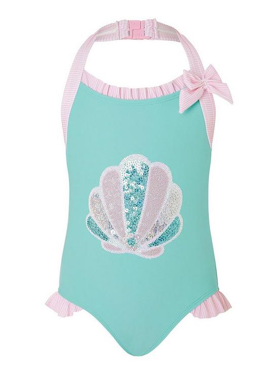 front image of monsoon-girls-sequin-shell-halter-swimsuit-turquoise