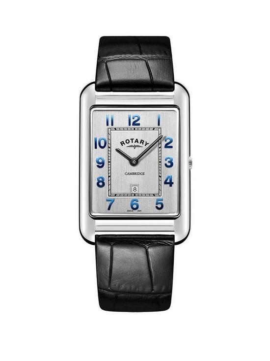 front image of rotary-silver-square-dial-blue-accents-black-leaterstrap-watch