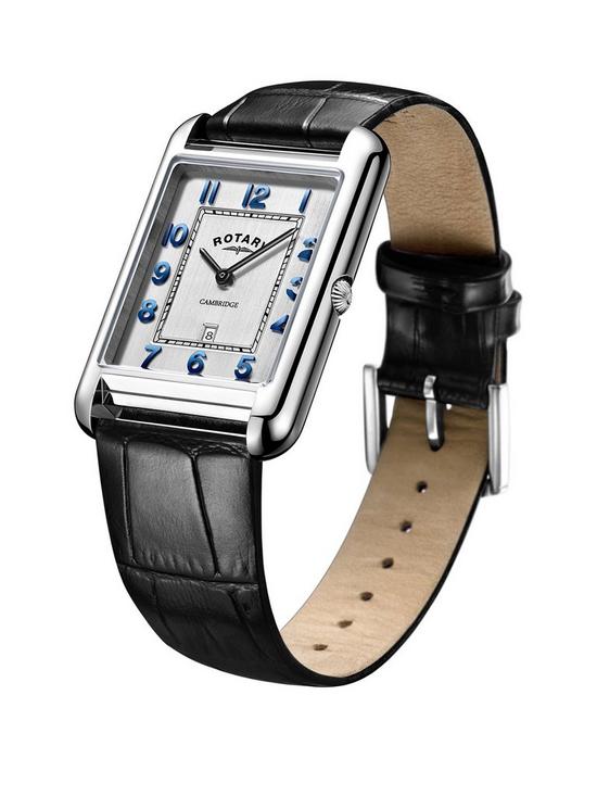 stillFront image of rotary-silver-square-dial-blue-accents-black-leaterstrap-watch