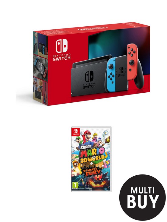 front image of nintendo-switch-neon-console-with-super-mario-3d-world-bowserrsquos-fury