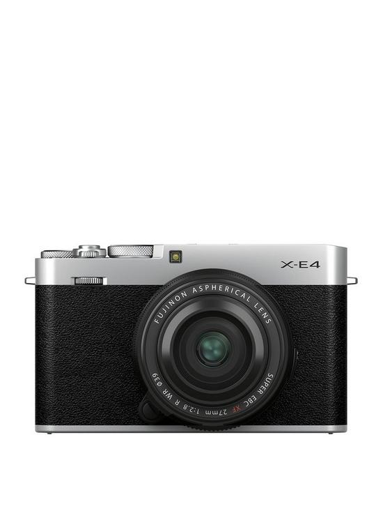 front image of fujifilm-x-e4-mirrorless-camera-kit-with-xf-27mm-lens-silver