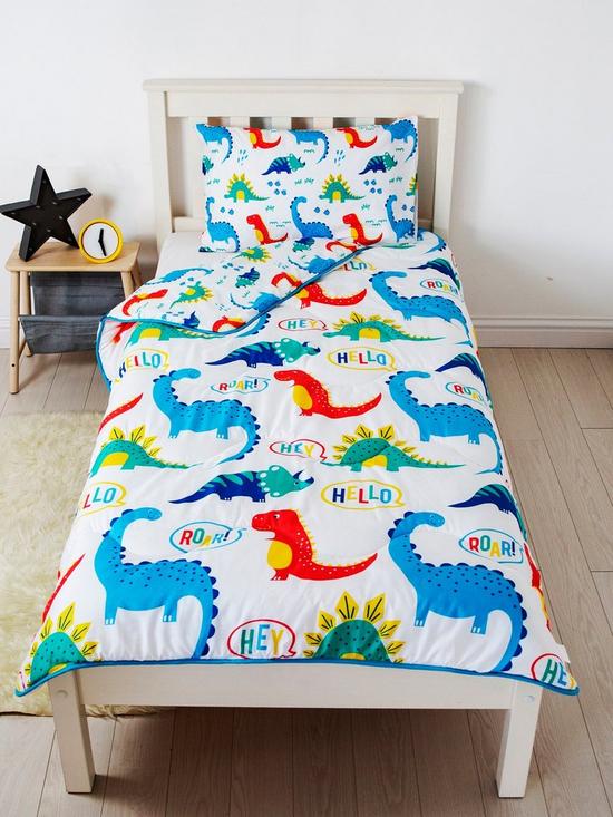front image of rest-easy-sleep-better-dinosaur-coverless-quilt-45-tog-single-with-pillowcase-multi