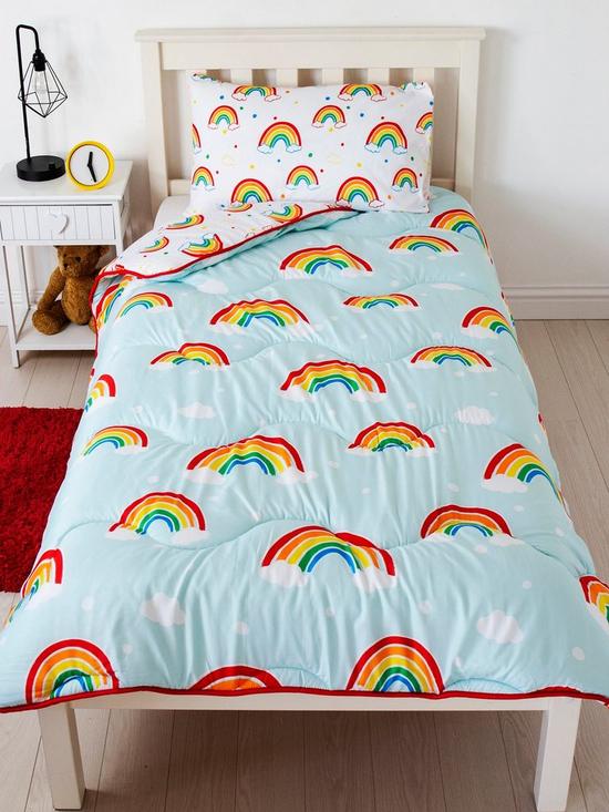 front image of rest-easy-sleep-better-rainbow-coverless-quilt-105-tog-single-with-pillowcase-multi