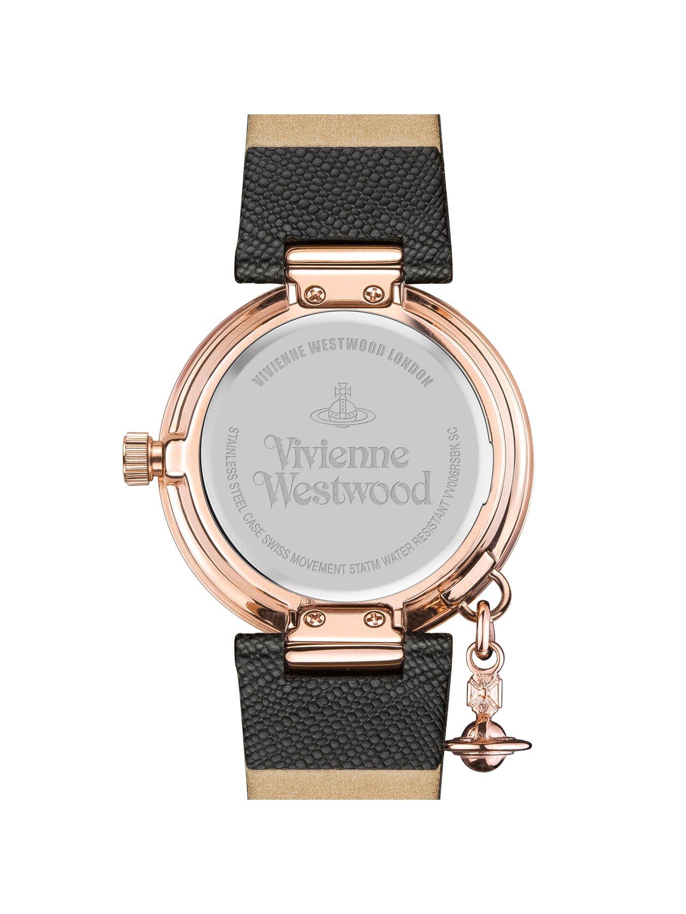 Vivienne Westwood Vivienne Westwood White And Rose Gold Detail Charm Dial Black Leather Strap Ladies Watch Littlewoods Com