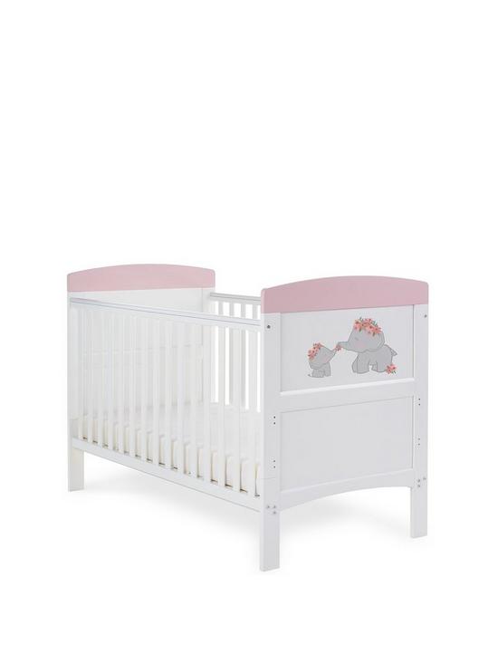 front image of obaby-grace-inspire-cot-bed-me-amp-mini-me-elephants-pink