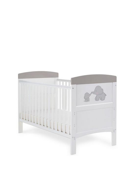 front image of obaby-grace-inspire-cot-bed-me-amp-mini-me-elephants-grey