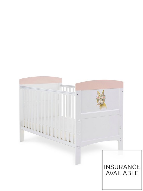 front image of obaby-grace-inspire-cot-bed-rabbit-pink