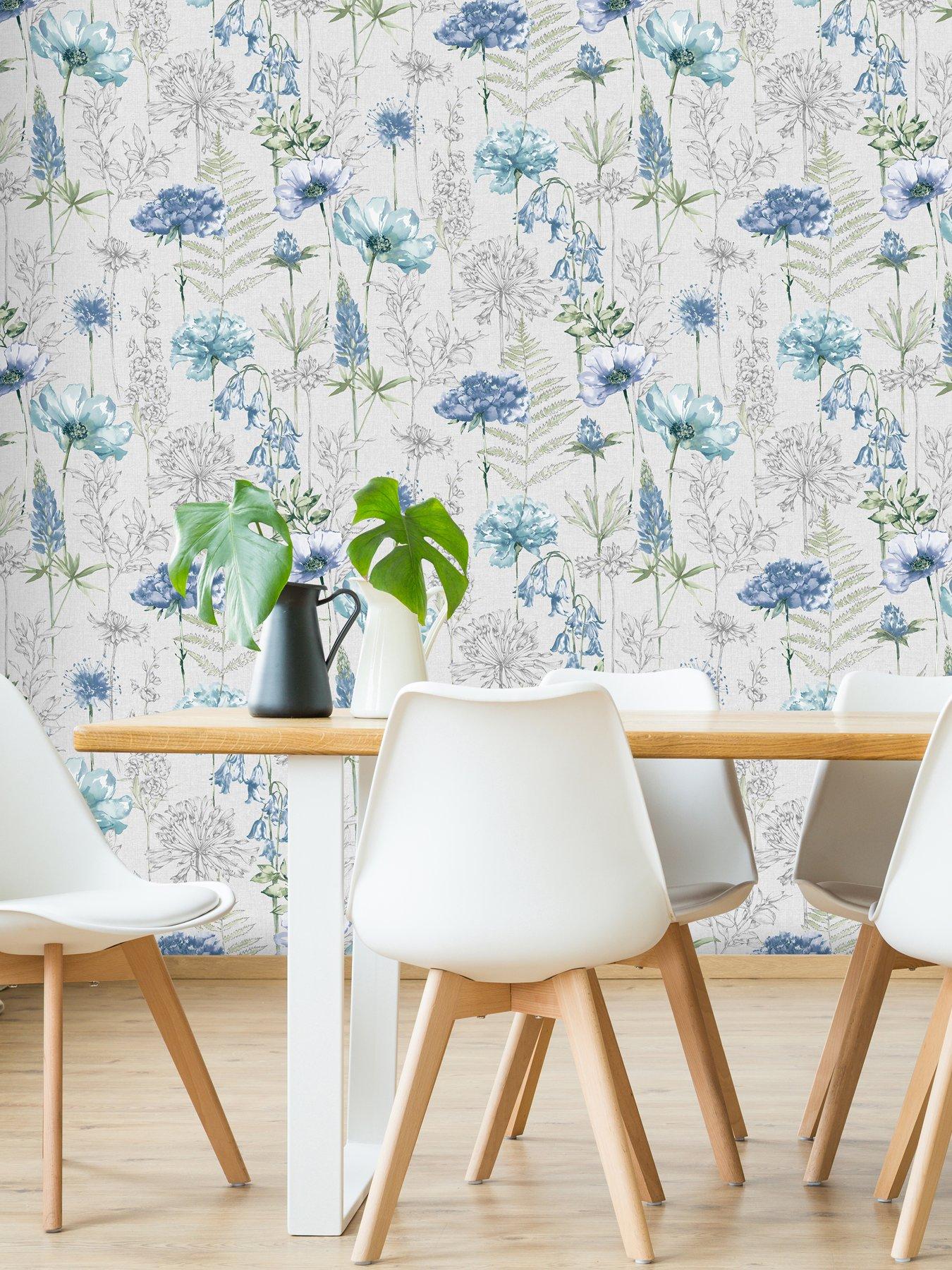  image of fresco-floral-sketch-blue-wallpaper