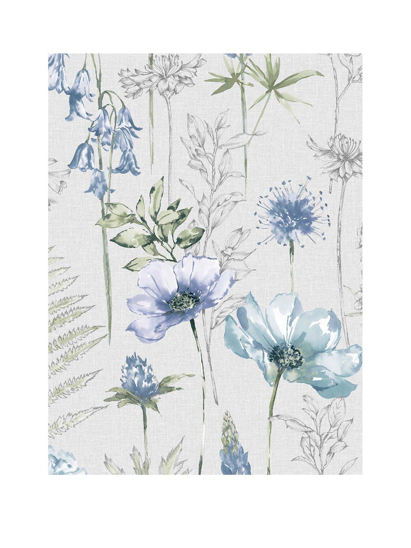  image of fresco-floral-sketch-blue-wallpaper