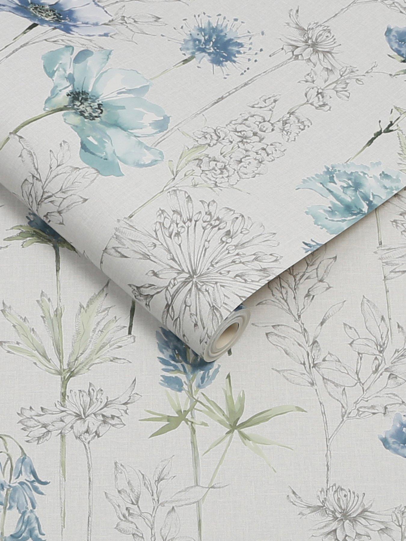  image of fresco-floral-sketch-blue-wallpaper
