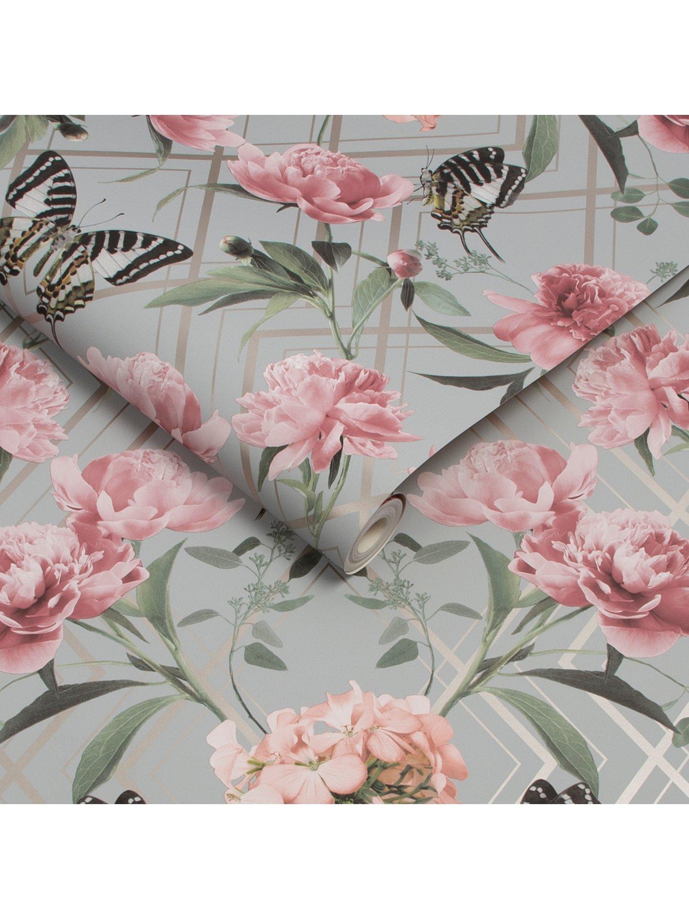 Sublime Botanical Trellis Grey / Pink Wallpaper | littlewoods.com