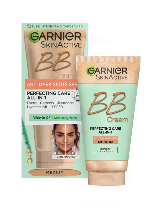 front image of garnier-skinactive-bb-cream-anti-dark-spots-tinted-moisturiser-spf-50-brightens-and-evens-skin-with-vitamin-c-amp-mineral-pigments-50-ml