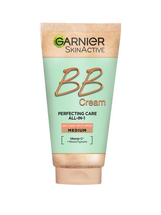 stillFront image of garnier-skinactive-bb-cream-anti-dark-spots-tinted-moisturiser-spf-50-brightens-and-evens-skin-with-vitamin-c-amp-mineral-pigments-50-ml