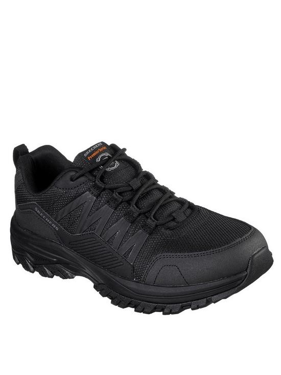 front image of skechers-work-fannter-lace-up-shoes-black