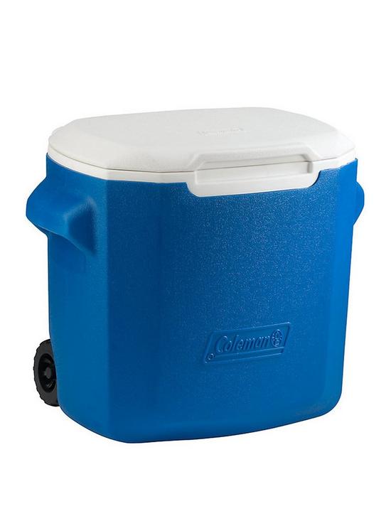front image of coleman-28qt-performance-wheeled-cooler-blue