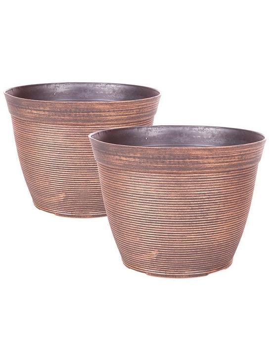 front image of pair-of-helix-round-planters-warm-copper-10in
