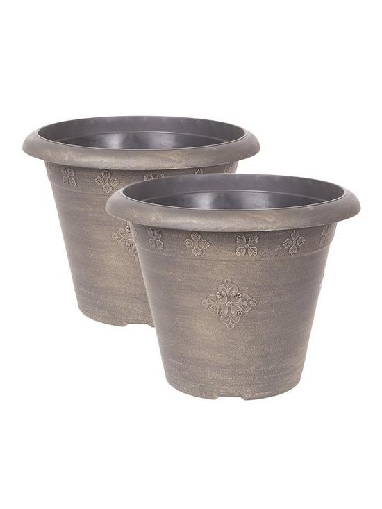 front image of pair-of-medley-round-gold-planters-145in