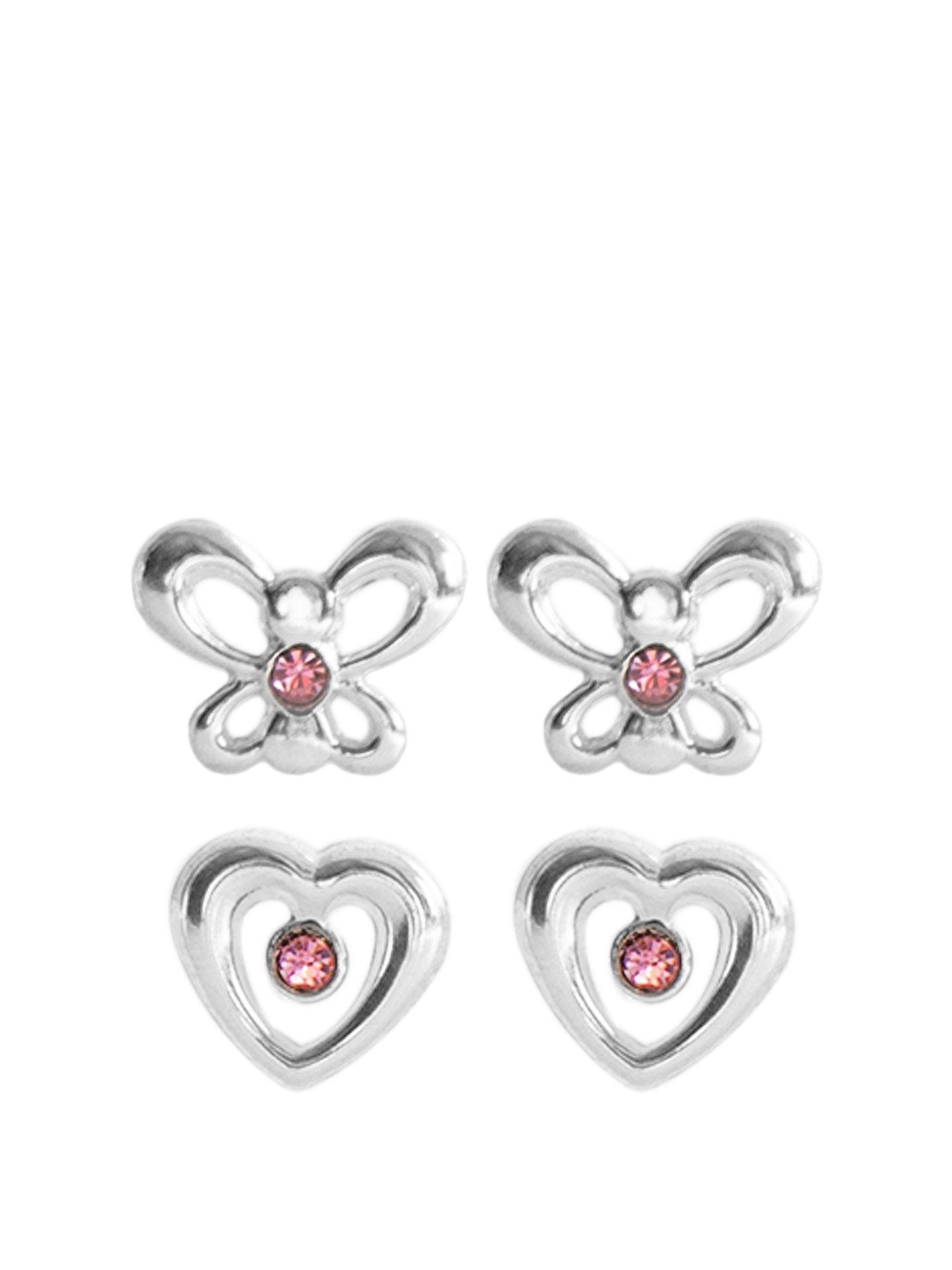  image of the-love-collection-sterling-silver-set-of-two-pink-crystal-butterfly-and-heart-studs